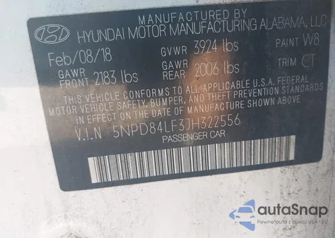 2018 Hyundai Elantra Sel из США, поврежденный, VIN 5NPD84LF3JH322556